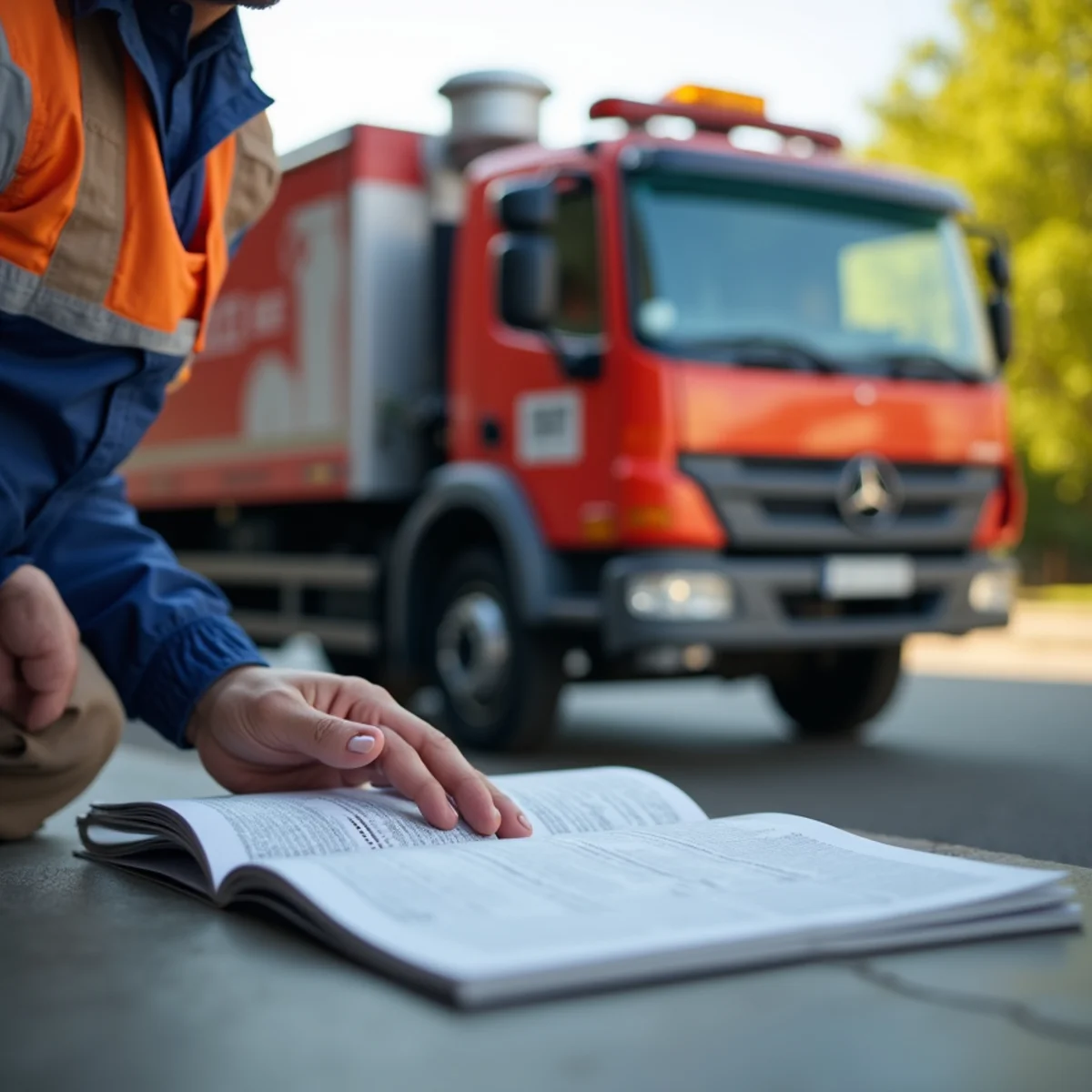 Master plumber arriving with service truck and high-capacity water extraction pump