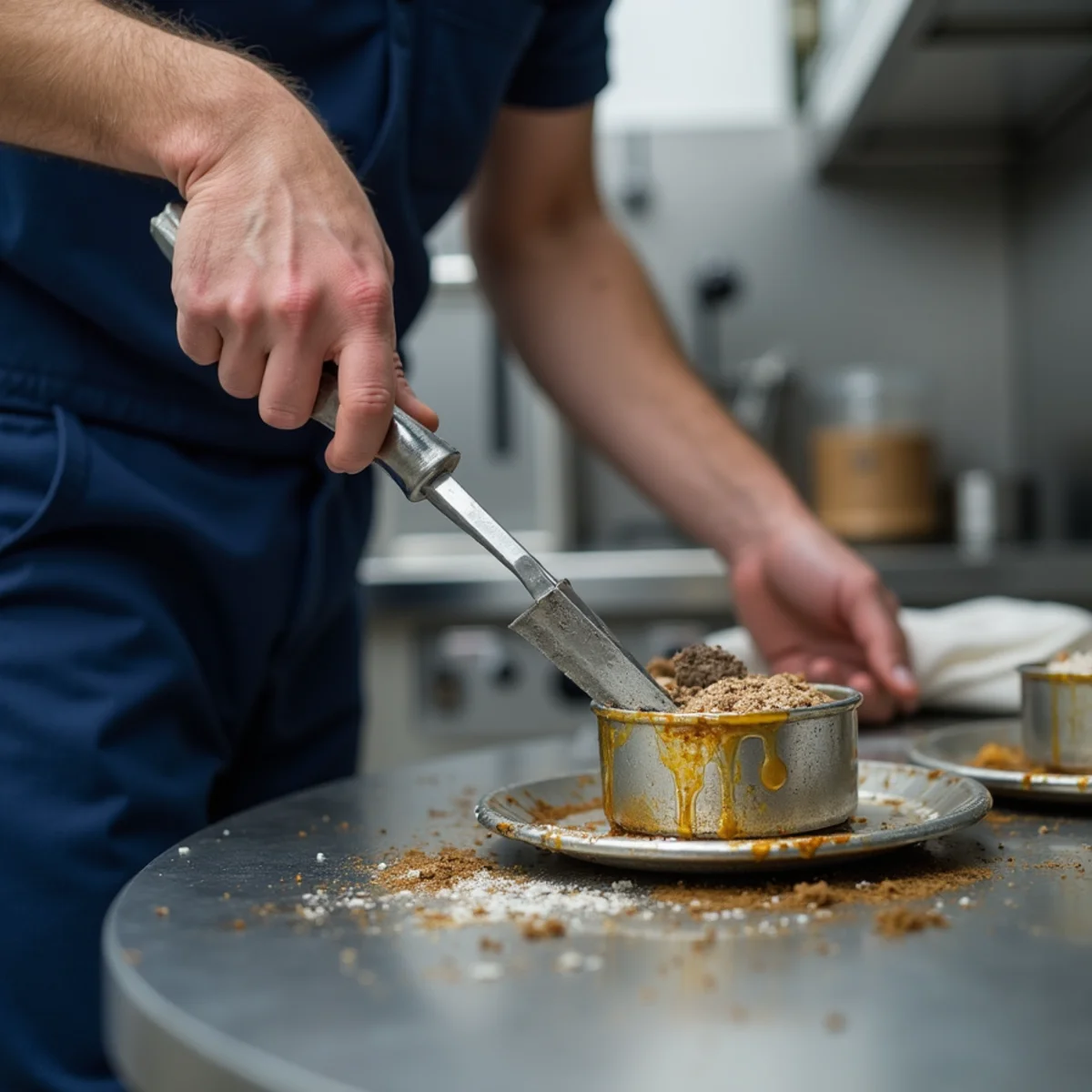 Plumber scraping grease and solid food waste from commercial stainless steel interceptor