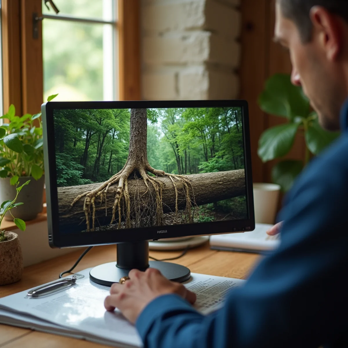 Camera monitor showing spider-web fine tree root clusters expanding through pipe joints