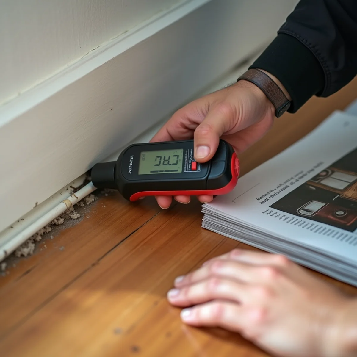 Digital moisture meter reading 94% saturation on baseboard trim near hidden pipe