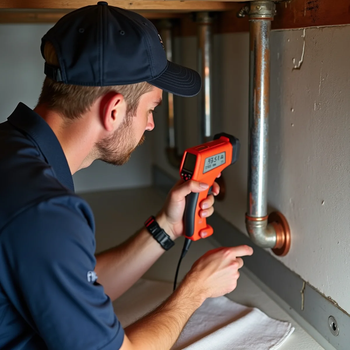 Plumber checking frosty copper pipe in basement sill plate with infrared thermometer