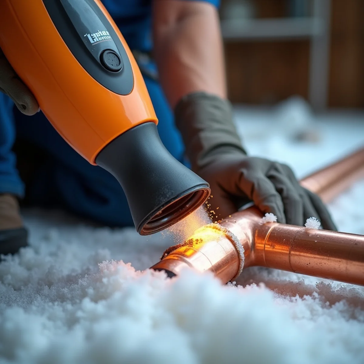 Safely applying gentle heat from an electric warm air blower along frozen copper pipe