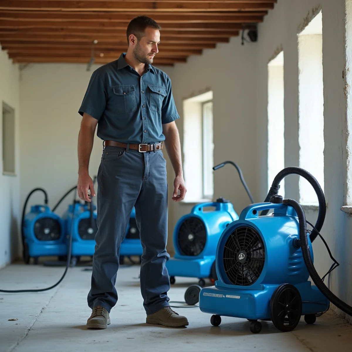 Setting up commercial air movers and dehumidifiers to prevent structural mold