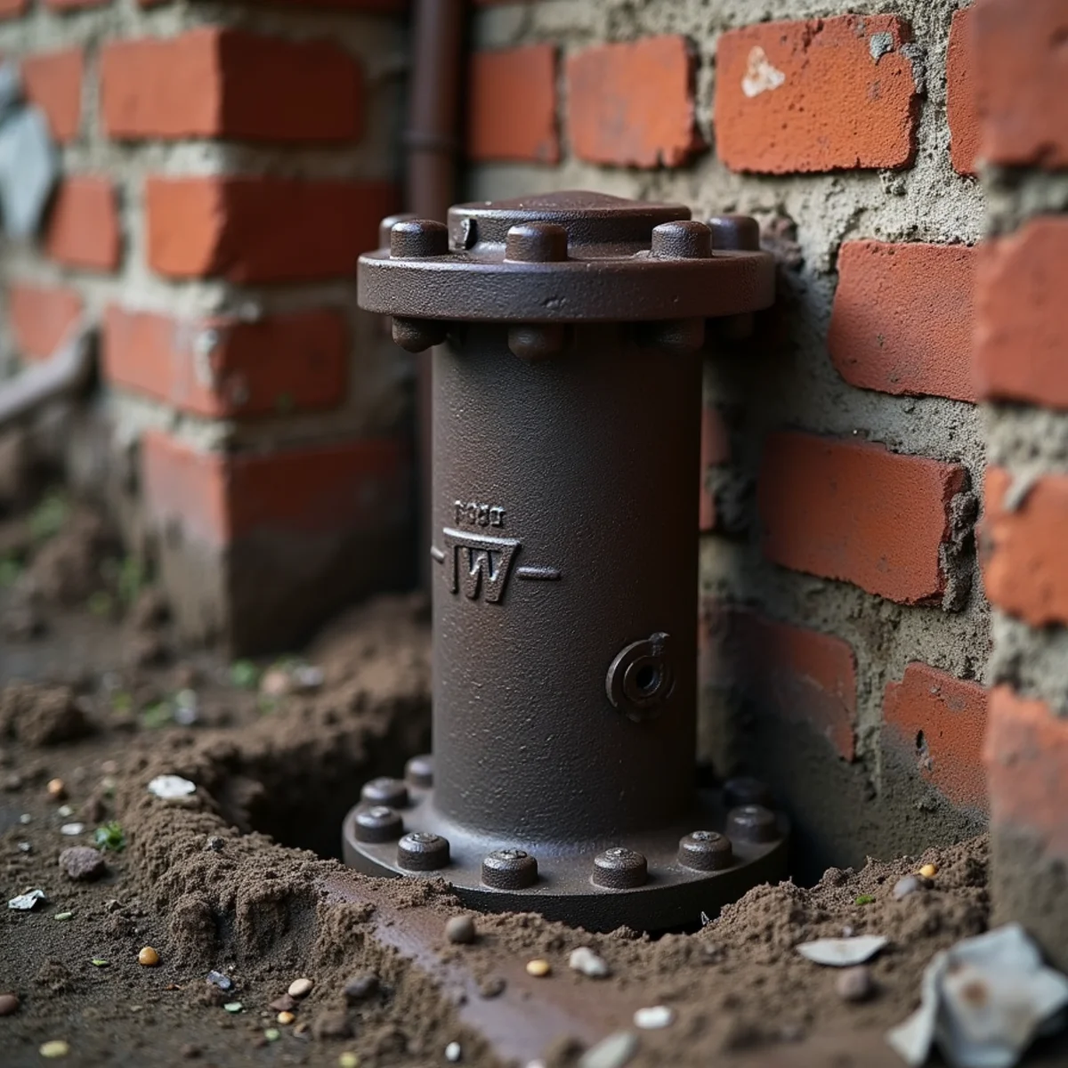 Heavy 4-inch vertical cast-iron drain stack with leaded hub joints beside brick foundation