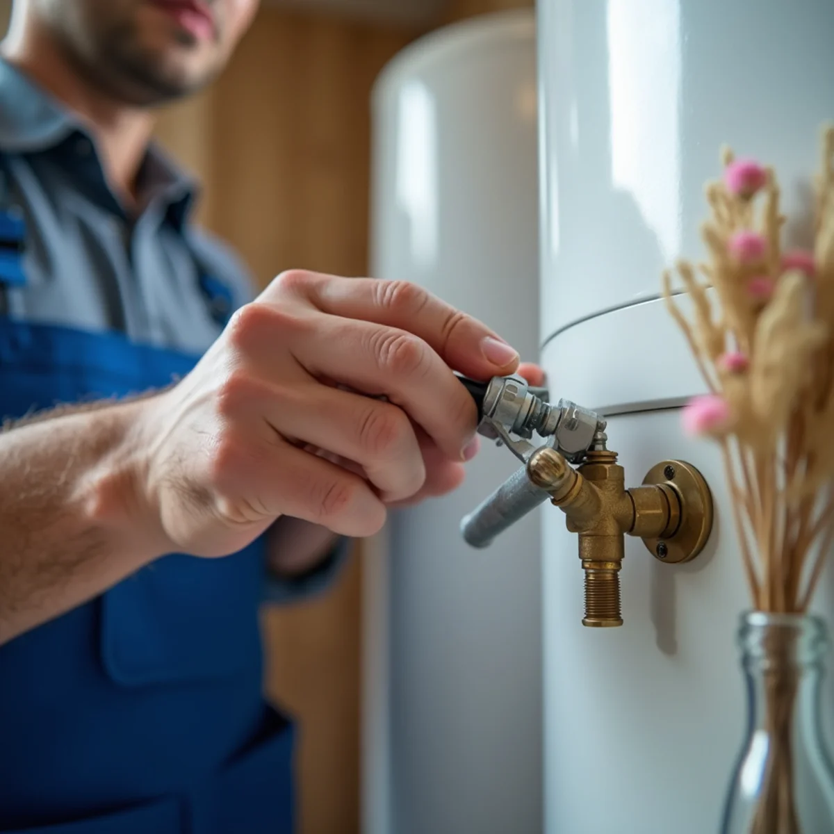 Plumber lifting test lever on water heater temperature and pressure relief valve