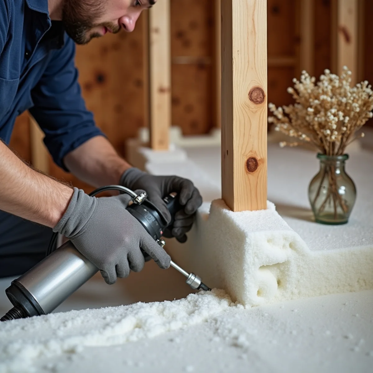 Expanding spray foam sealing cold air drafts around plumbing penetrations in foundation