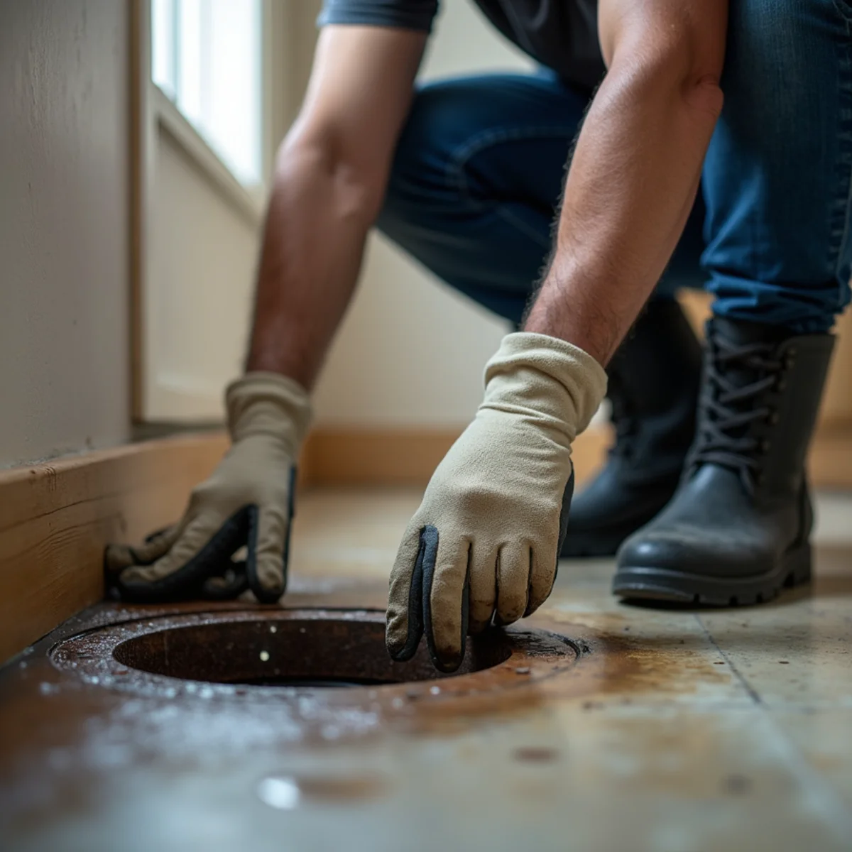 Master plumber wearing heavy nitrile gloves and rubber boots inspecting basement floor drain