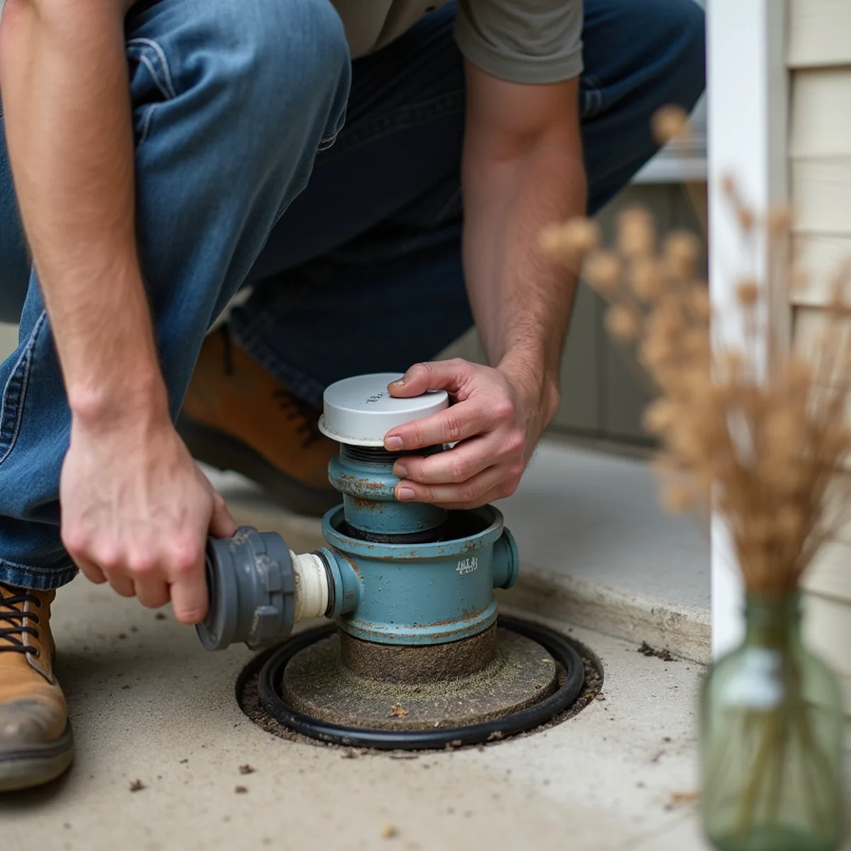 Plumber unscrewing exterior PVC sewer cleanout cap to relieve building backpressure