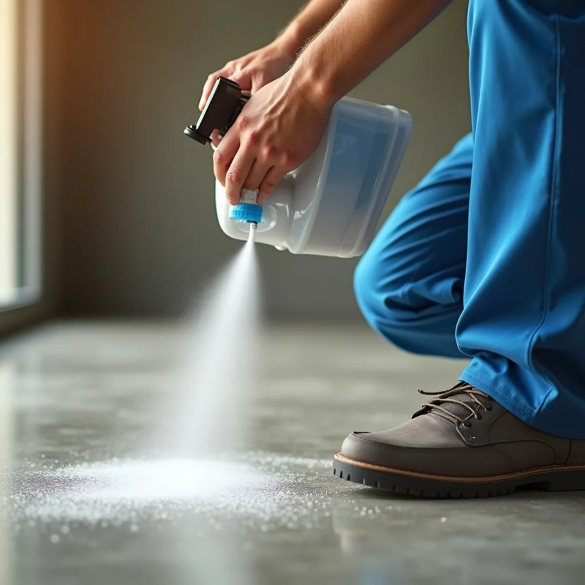 Applying EPA-registered hospital grade disinfectant wash to basement concrete floor