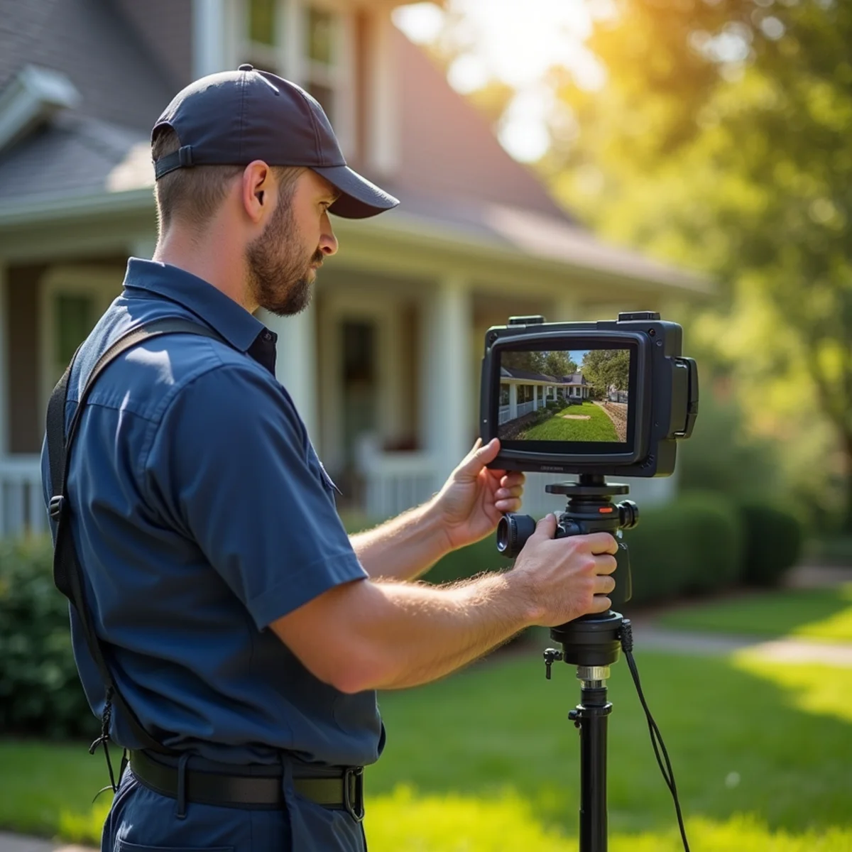 Plumber reviewing high-definition color sewer camera monitor on sunny front lawn