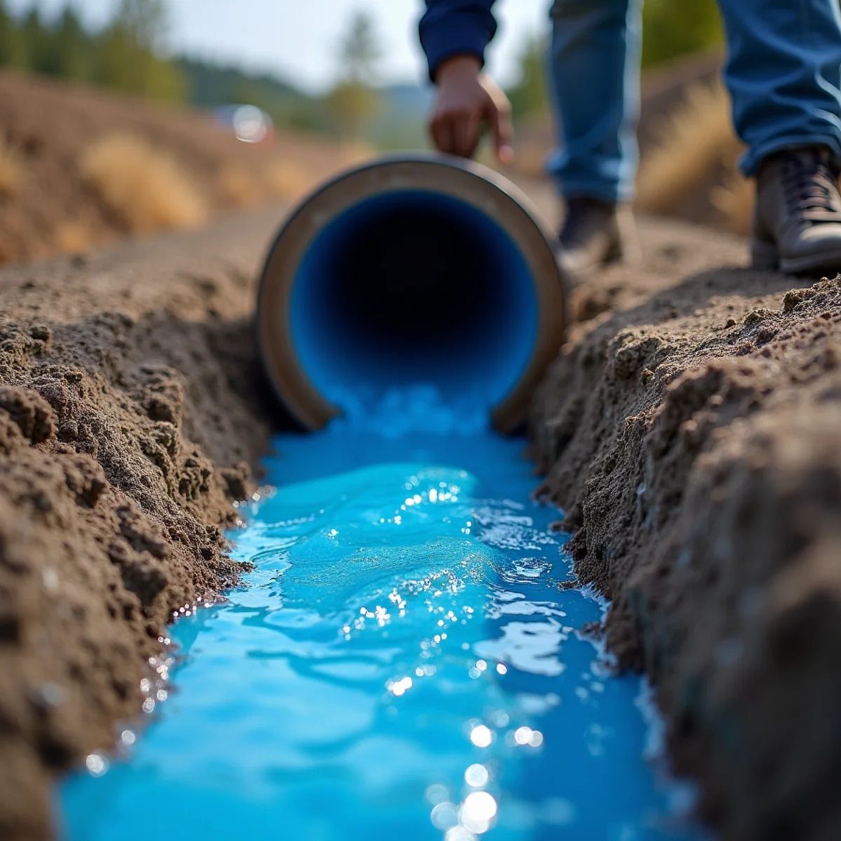 Blue epoxy saturated felt tube being inverted into old sewer line with pneumatic drum