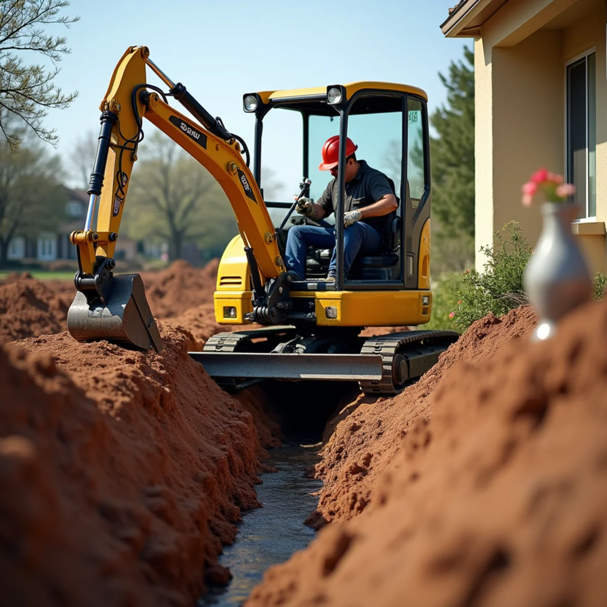 Mini-excavator carefully digging access trench to replace collapsed clay sewer lateral