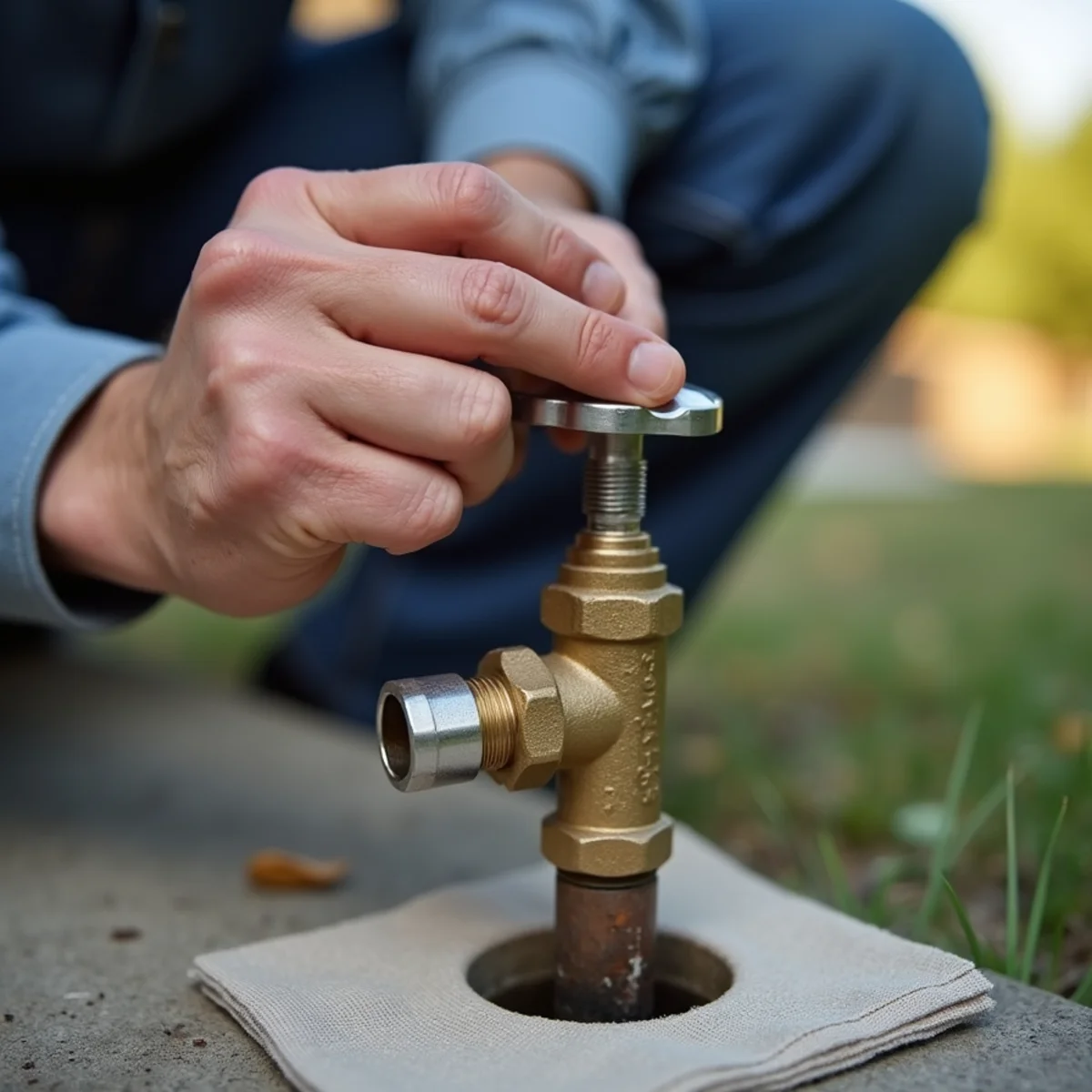 Testing outdoor sillcock with thumb over nozzle to check for split pipe in foundation