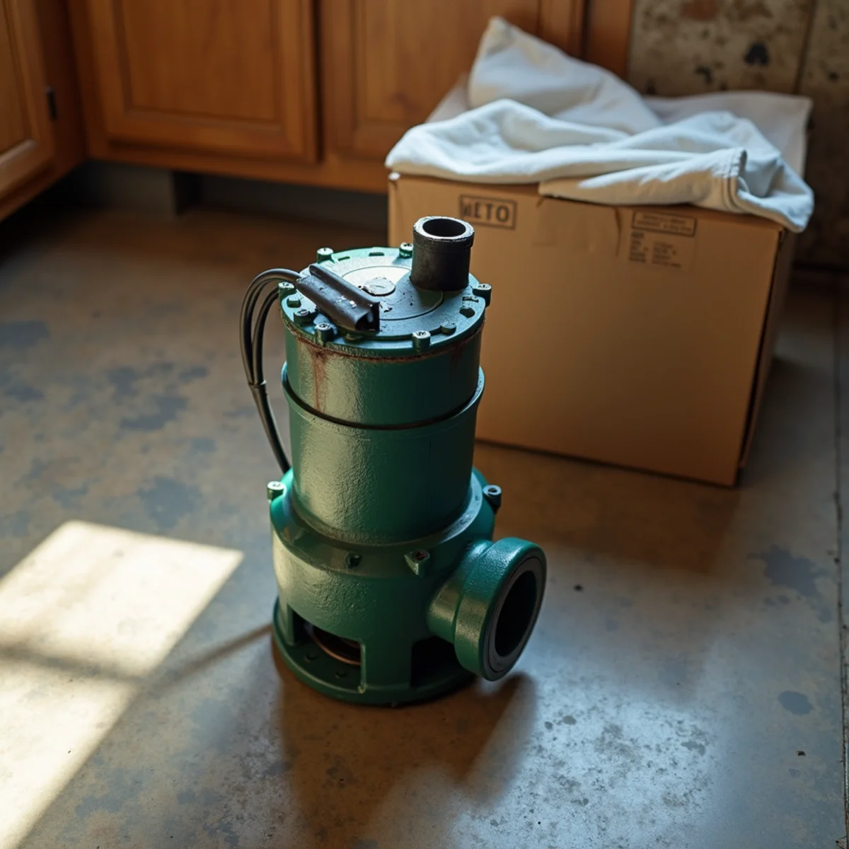 1/2 HP heavy-duty cast iron Zoeller submersible pump unboxed on basement floor