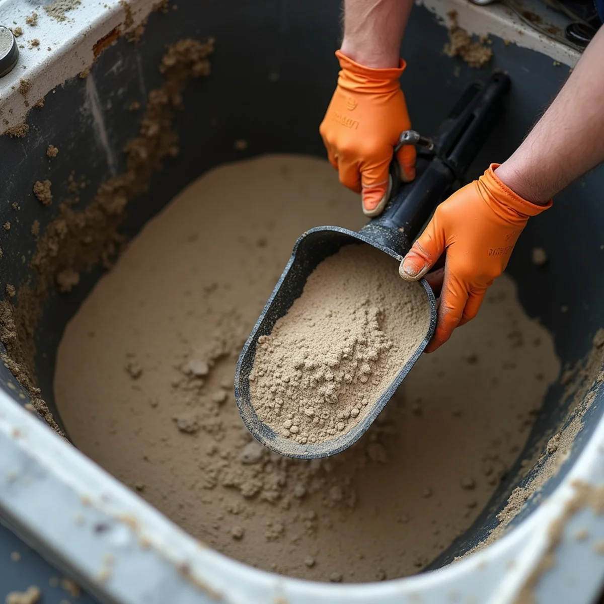 Scooping sand, silt, and gravel sediment out of the bottom of empty sump pit