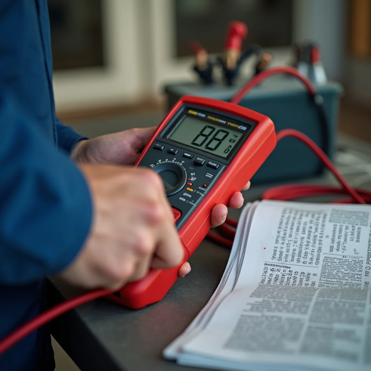 Testing 12V marine deep-cycle battery terminal voltage with digital multimeter
