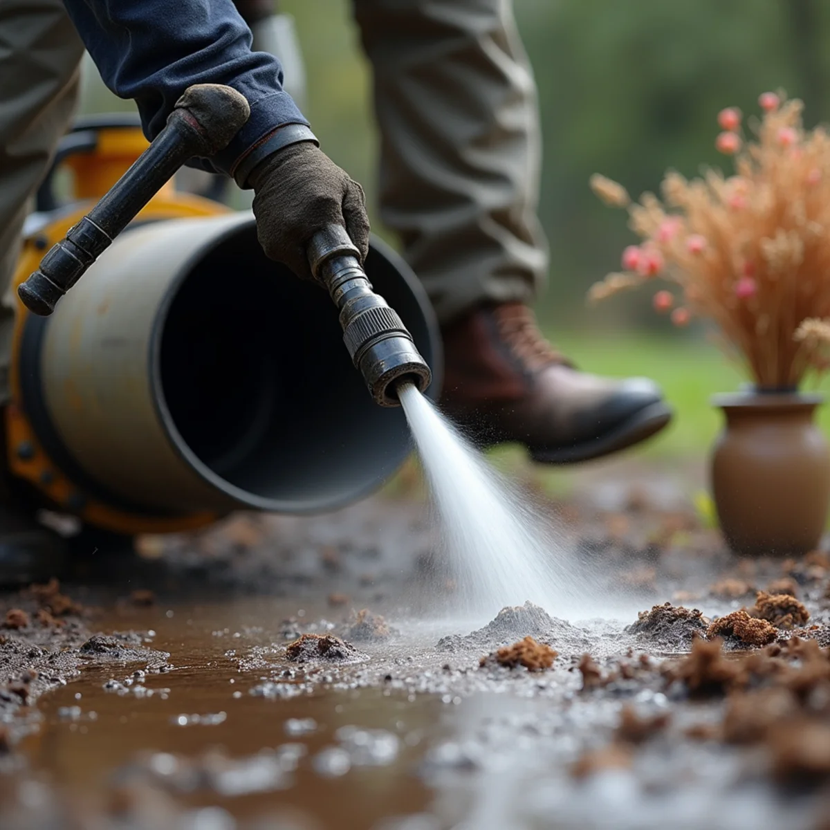 360-degree rotating high-pressure jetter nozzle shearing roots flush with pipe walls