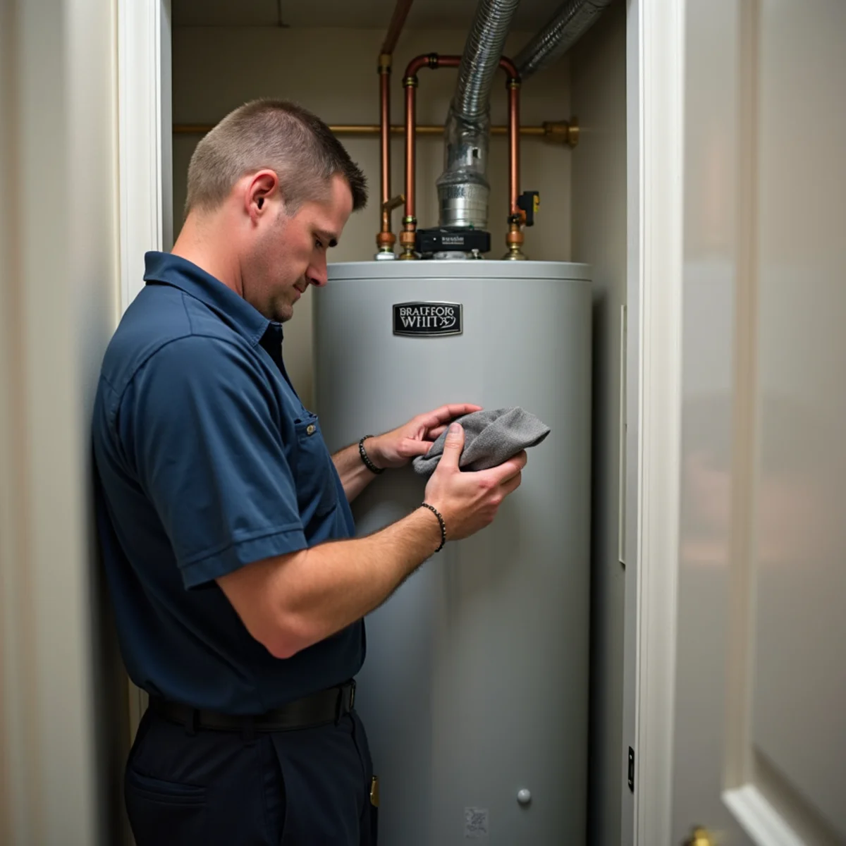 Bradford White 50-gallon atmospheric gas water heater installed in clean utility closet