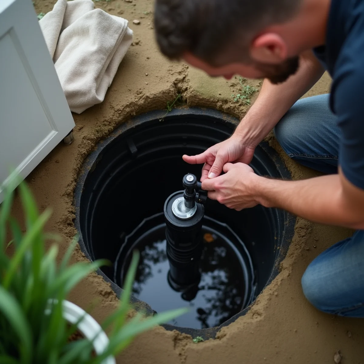 Homeowner checking vertical mechanical float switch inside sump basin during storm