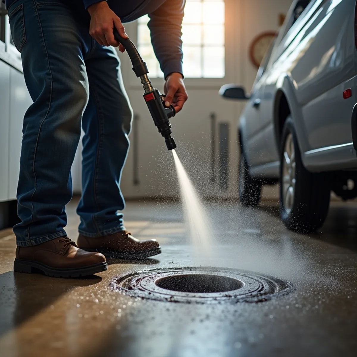 Plumber guiding commercial hydro-jetting hose into main drain cleanout in Ankeny