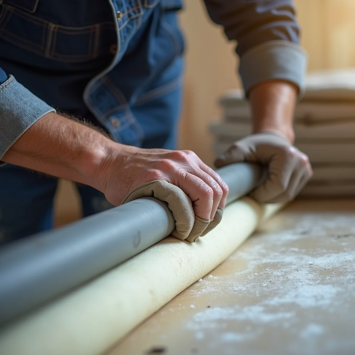 Technician fitting thick closed-cell polyethylene foam insulation on water lines