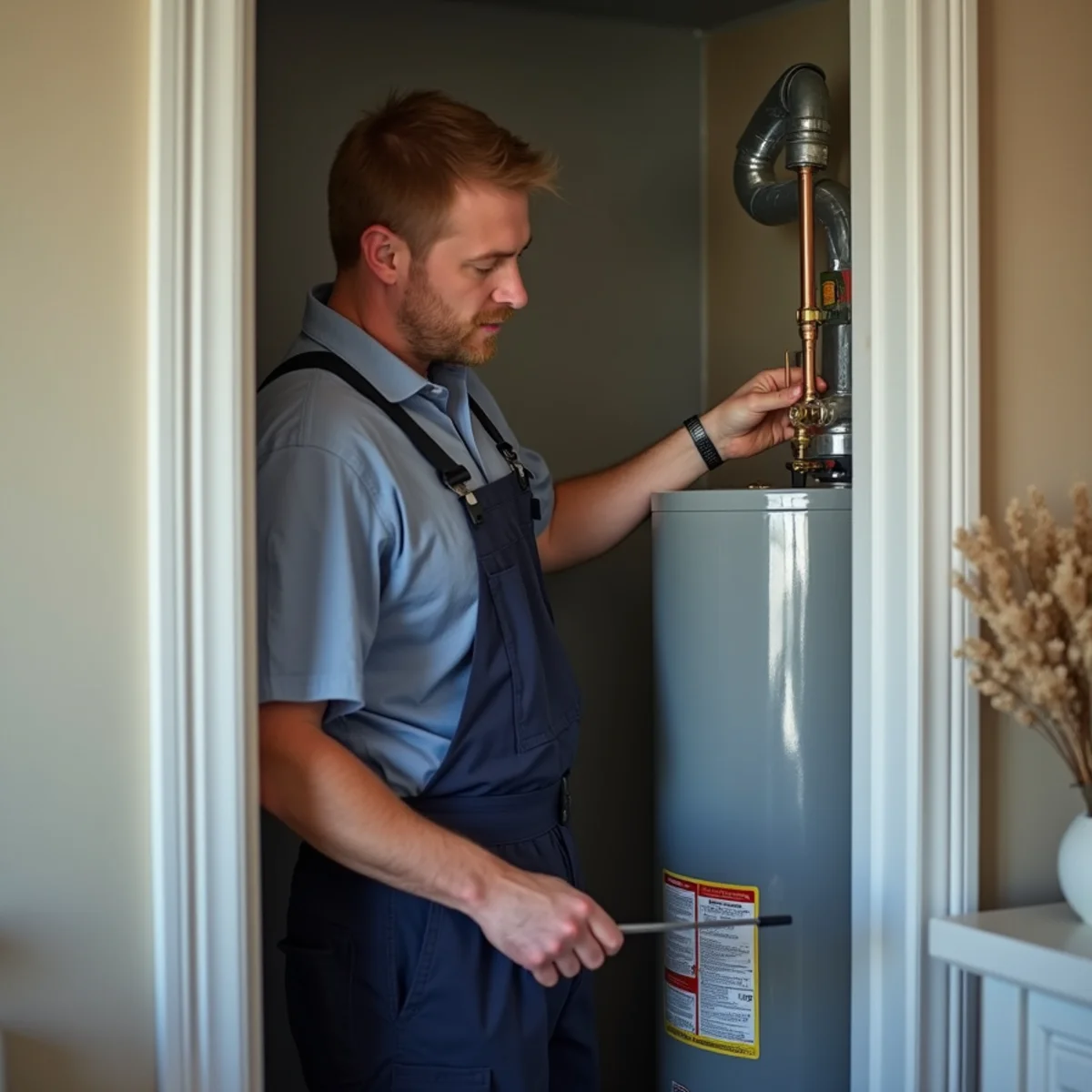 Master plumber testing temperature and pressure relief valve on water heater