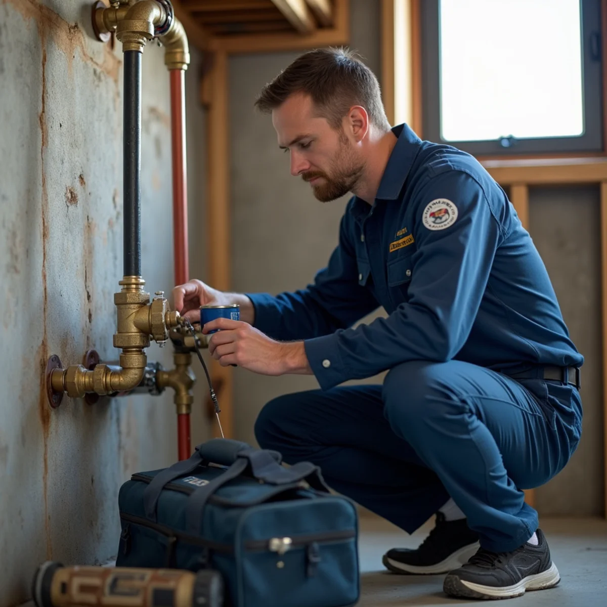 Licensed master plumber inspecting residential water line manifold in Ankeny, Iowa home