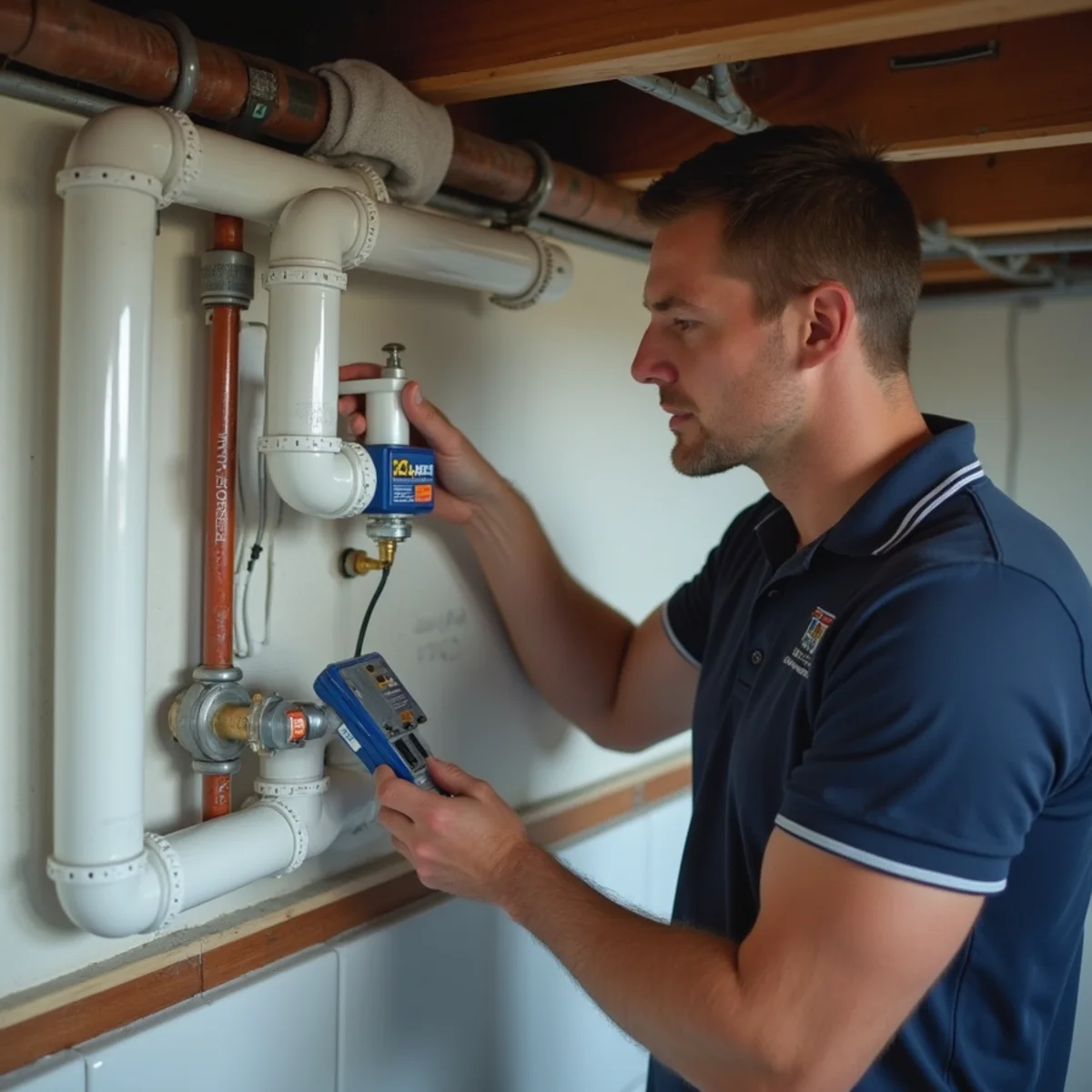 Uponor PEX-A cold and hot water distribution manifold mounted in basement ceiling