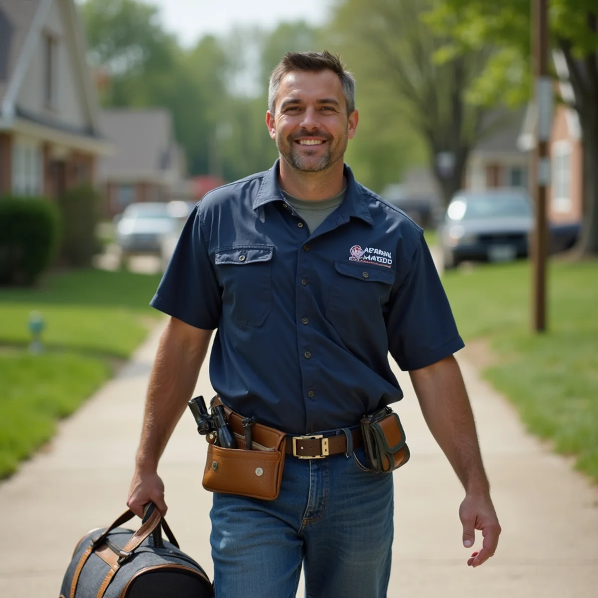 Plumbing technician servicing residential property in Perry, IA