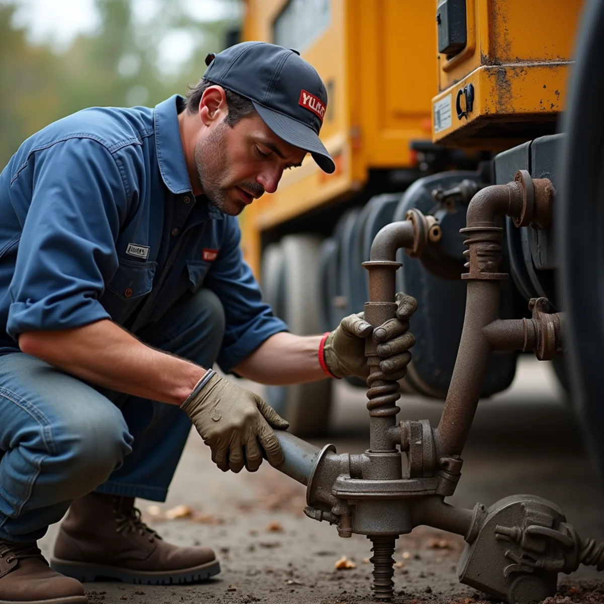 Master plumber operating industrial drum auger to clear main sewer lateral backup