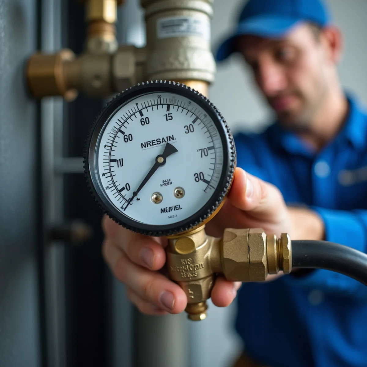 Plumber monitoring precision nitrogen pressure decay gauge on isolated plumbing line