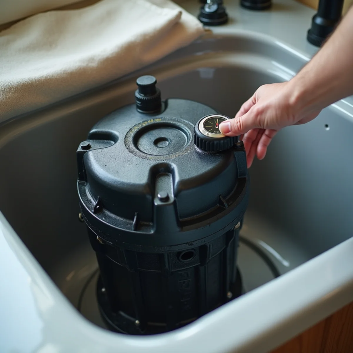 Submersible cast-iron Zoeller sump pump installed in clean basin with check valve