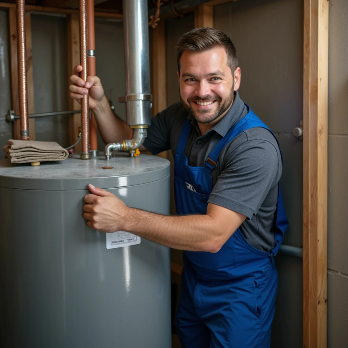 Plumber installing high-efficiency hybrid heat pump water heater in Ankeny basement