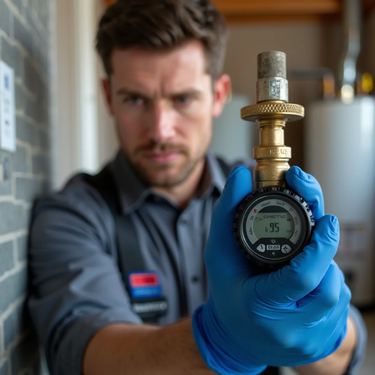 Technician calibrating water heater thermostat and electronic gas burner valve in Ankeny