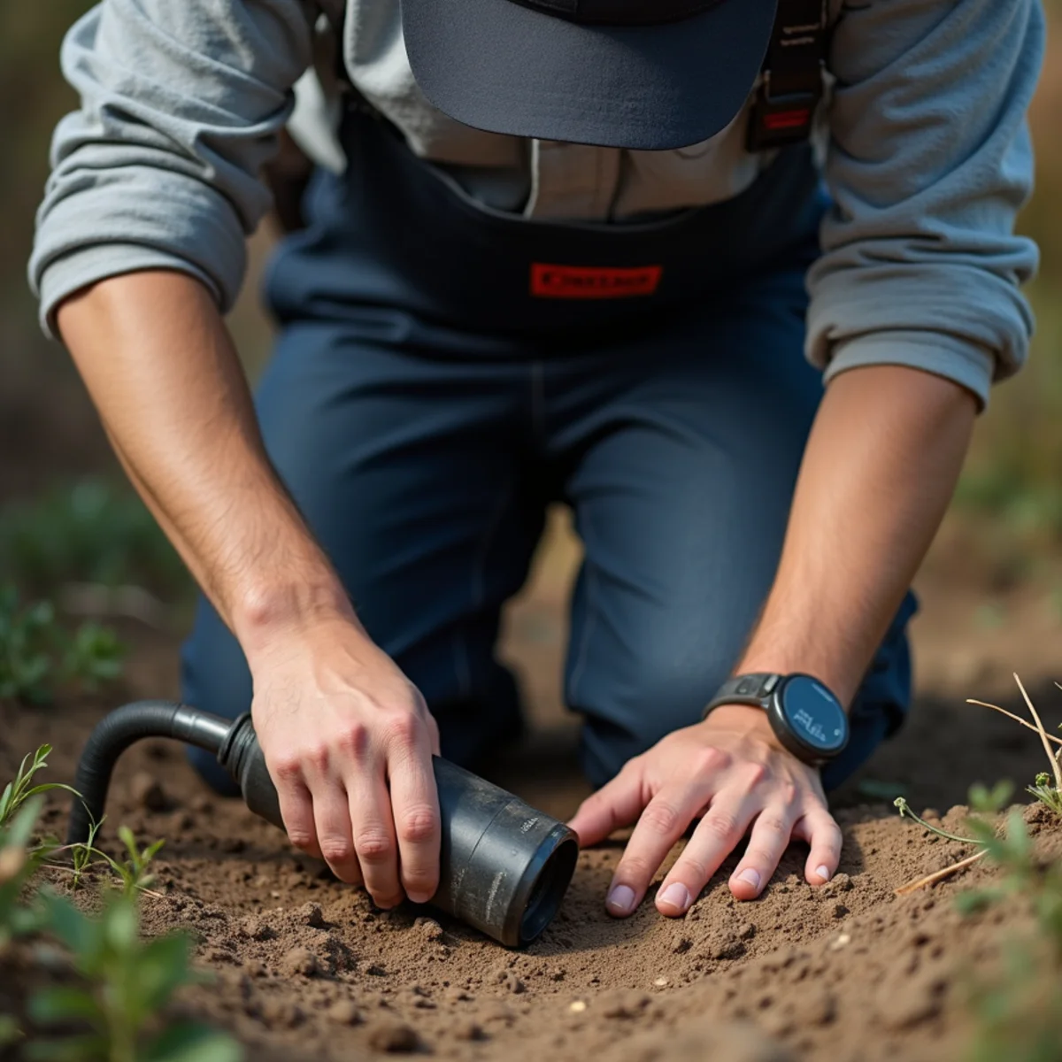 Technician using electro-acoustic ground sensor microphone to find buried pipe leak
