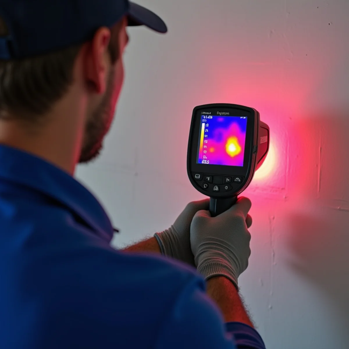 Thermal camera displaying temperature gradient of concealed plumbing leak behind wall